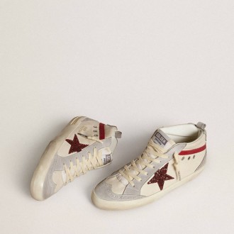 Golden Goose Mid Star In Leather With Glitter Star And Red Nubuck Flash Golden Goose Mid Star In Leather With Glitter Star And Red Nubuck Flash