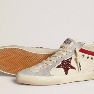 Golden Goose Mid Star In Leather With Glitter Star And Red Nubuck Flash Golden Goose Mid Star In Leather With Glitter Star And Red Nubuck Flash