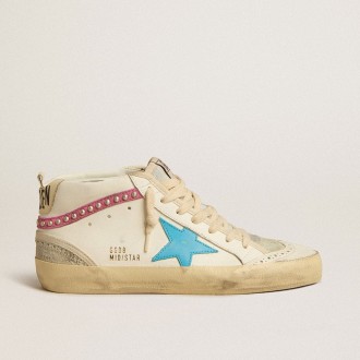 Golden Goose Mid Star In Leather With Light Blue Star And Fuchsia Suede Flash With Platinum Studs