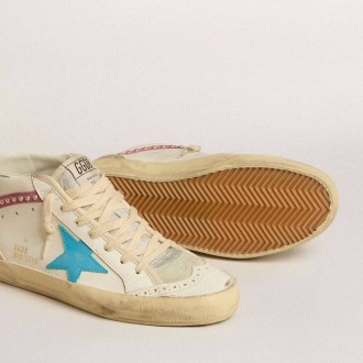 Golden Goose Mid Star In Leather With Light Blue Star And Fuchsia Suede Flash With Platinum Studs