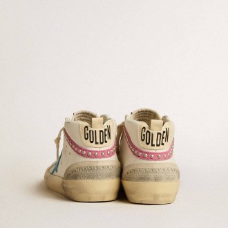 Golden Goose Mid Star In Leather With Light Blue Star And Fuchsia Suede Flash With Platinum Studs