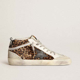 Golden Goose Mid Star In Leopard Print Pony Skin With Black Star