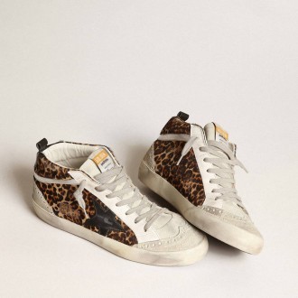 Golden Goose Mid Star In Leopard Print Pony Skin With Black Star