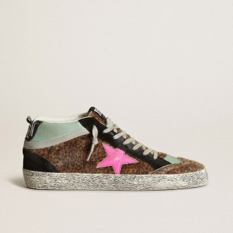 Golden Goose Mid Star In Leopard-Print Pony Skin With Fuchsia Leather Star