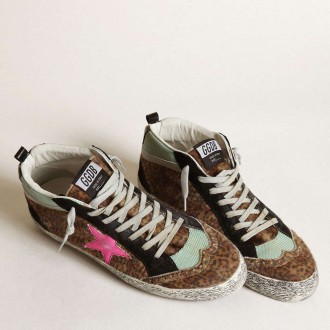 Golden Goose Mid Star In Leopard-Print Pony Skin With Fuchsia Leather Star