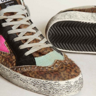 Golden Goose Mid Star In Leopard-Print Pony Skin With Fuchsia Leather Star