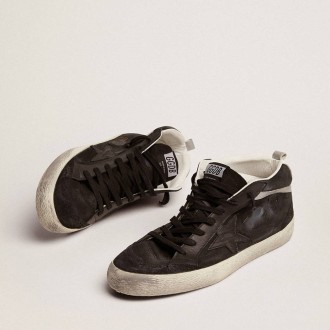 Golden Goose Mid Star In Nubuck With Black Leather Star And Silver Flash Golden Goose Mid Star In Nubuck With Black Leather Star And Silver Flash