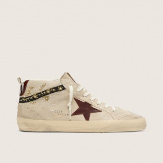 Golden Goose Mid Star In Pearl Suede With Burgundy Leather Star And Pearl And Embroidery Inserts
