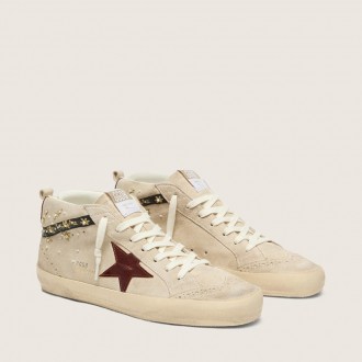 Golden Goose Mid Star In Pearl Suede With Burgundy Leather Star And Pearl And Embroidery Inserts