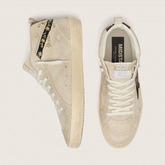 Golden Goose Mid Star In Pearl Suede With Burgundy Leather Star And Pearl And Embroidery Inserts