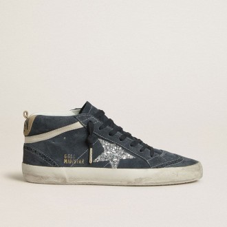 Golden Goose Mid Star In Petrol-Blue Suede With Silver Glitter Star And Cotton Flash