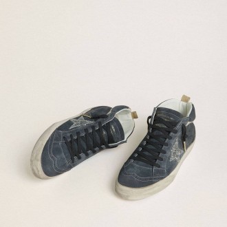 Golden Goose Mid Star In Petrol-Blue Suede With Silver Glitter Star And Cotton Flash