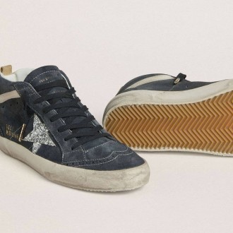 Golden Goose Mid Star In Petrol-Blue Suede With Silver Glitter Star And Cotton Flash