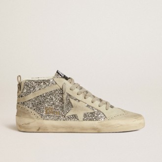 Golden Goose Mid Star In Silver Glitter With Ice-Gray Suede Star And Flash