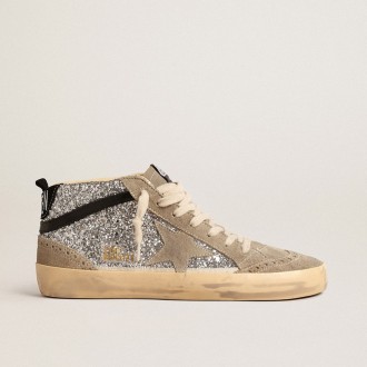 Golden Goose Mid Star In Silver Glitter With Suede Star And Black Flash