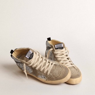 Golden Goose Mid Star In Silver Glitter With Suede Star And Black Flash