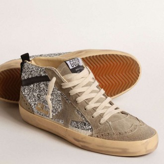 Golden Goose Mid Star In Silver Glitter With Suede Star And Black Flash