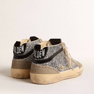 Golden Goose Mid Star In Silver Glitter With Suede Star And Black Flash