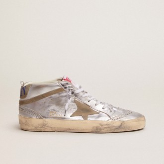 Golden Goose Mid Star In Silver Laminated Leather With Dove Gray Star