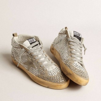 Golden Goose Mid Star In White And Dove-Gray Suede With Swarovski Crystals
