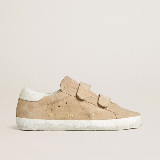 Golden Goose Old School In Beige Suede With White Leather Heel Tab
