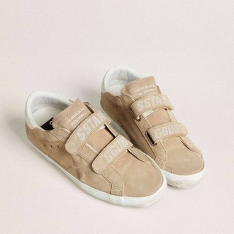 Golden Goose Old School In Beige Suede With White Leather Heel Tab
