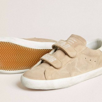 Golden Goose Old School In Beige Suede With White Leather Heel Tab
