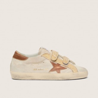 Golden Goose Old School In Pearl Suede With Brick-Red Leather Star And Raffia Strap