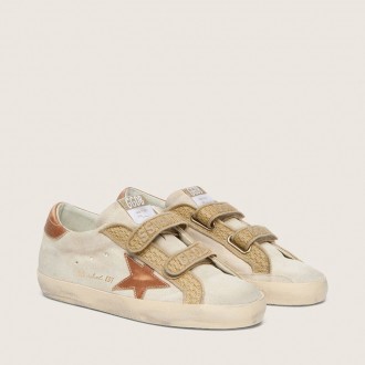 Golden Goose Old School In Pearl Suede With Brick-Red Leather Star And Raffia Strap