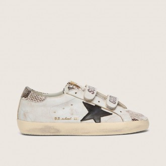Golden Goose Old School In White Leather With Black Leather Star And Snake-Print Inserts