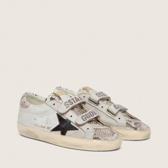 Golden Goose Old School In White Leather With Black Leather Star And Snake-Print Inserts Golden Goose Old School In White Leather With Black Leather Star And Snake-Print Inserts