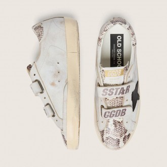 Golden Goose Old School In White Leather With Black Leather Star And Snake-Print Inserts Golden Goose Old School In White Leather With Black Leather Star And Snake-Print Inserts