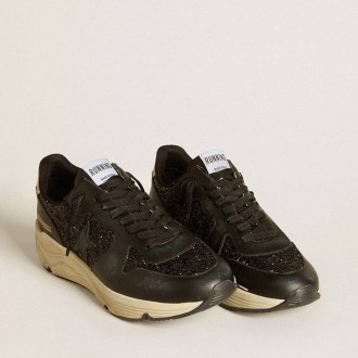 Golden Goose Running Sole In Black Glitter With Leather Star And Nubuck Heel Tab