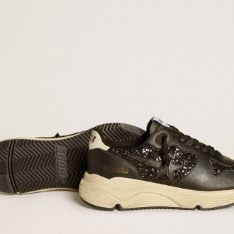 Golden Goose Running Sole In Black Glitter With Leather Star And Nubuck Heel Tab