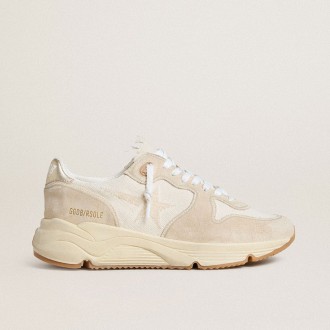 Golden Goose Running Sole In Canvas With Beige Star And Platinum Metallic Leather Heel Tab