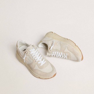 Golden Goose Running Sole In Canvas With Beige Star And Platinum Metallic Leather Heel Tab