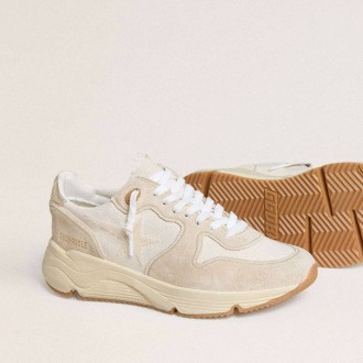 Golden Goose Running Sole In Canvas With Beige Star And Platinum Metallic Leather Heel Tab