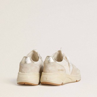 Golden Goose Running Sole In Canvas With Beige Star And Platinum Metallic Leather Heel Tab