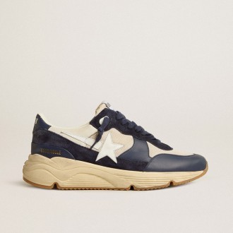 Golden Goose Running Sole In Cream Mesh And Blue Leather With A White Leather Star