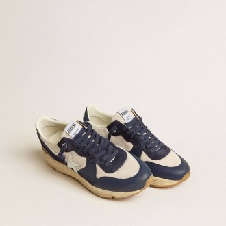 Golden Goose Running Sole In Cream Mesh And Blue Leather With A White Leather Star Golden Goose Running Sole In Cream Mesh And Blue Leather With A White Leather Star