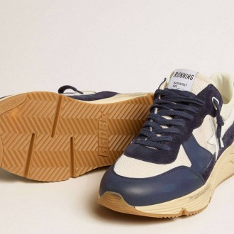 Golden Goose Running Sole In Cream Mesh And Blue Leather With A White Leather Star Golden Goose Running Sole In Cream Mesh And Blue Leather With A White Leather Star