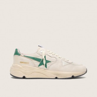 Golden Goose Running Sole In Cream Nylon And Leather With Green Leather Star