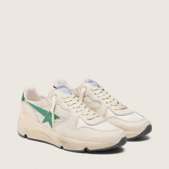Golden Goose Running Sole In Cream Nylon And Leather With Green Leather Star