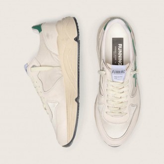 Golden Goose Running Sole In Cream Nylon And Leather With Green Leather Star
