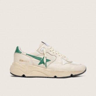 Golden Goose Running Sole In Cream Nylon And Leather With Green Leather Star