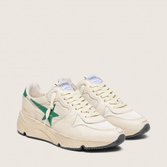 Golden Goose Running Sole In Cream Nylon And Leather With Green Leather Star