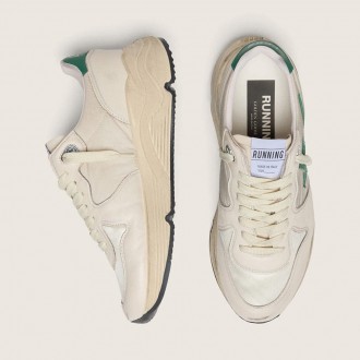 Golden Goose Running Sole In Cream Nylon And Leather With Green Leather Star