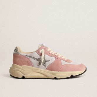 Golden Goose Running Sole In Gray Mesh And Suede With Silver Glitter Star
