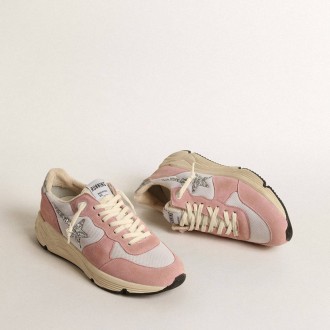 Golden Goose Running Sole In Gray Mesh And Suede With Silver Glitter Star