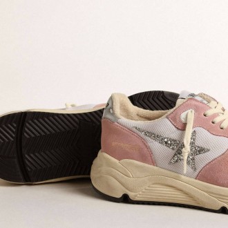 Golden Goose Running Sole In Gray Mesh And Suede With Silver Glitter Star